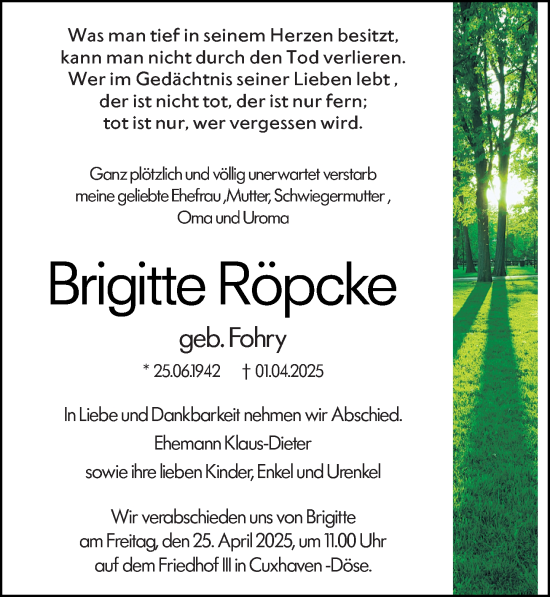 Traueranzeige von Brigitte Röpcke von Weilburger Tageblatt