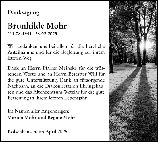 Traueranzeige von Brunhilde Mohr von Wetzlarer Neue Zeitung