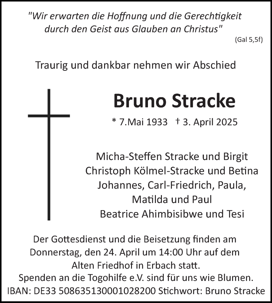  Traueranzeige für Bruno Stracke vom 12.04.2025 aus Odenwälder Echo