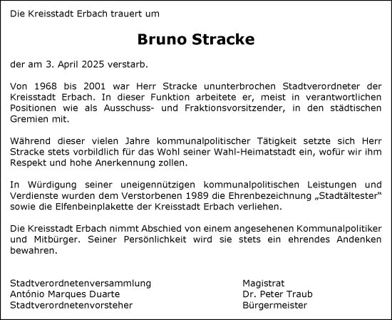 Traueranzeige von Bruno Stracke von Odenwälder Echo