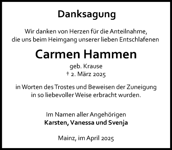 Traueranzeige von Carmen Hammen von Allgemeine Zeitung Mainz