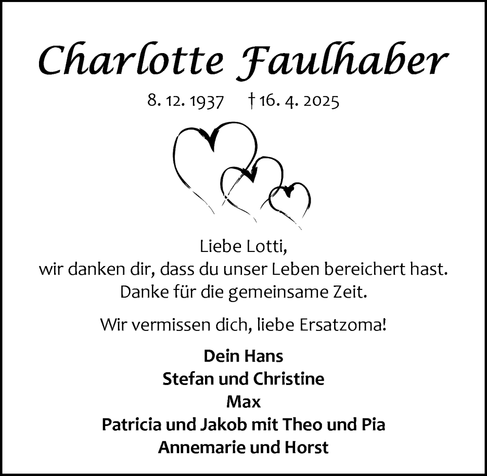  Traueranzeige für Charlotte Faulhaber vom 26.04.2025 aus Odenwälder Echo
