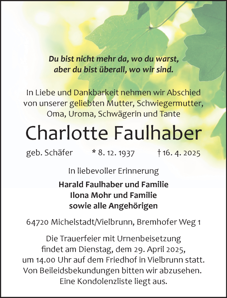  Traueranzeige für Charlotte Faulhaber vom 26.04.2025 aus Odenwälder Echo