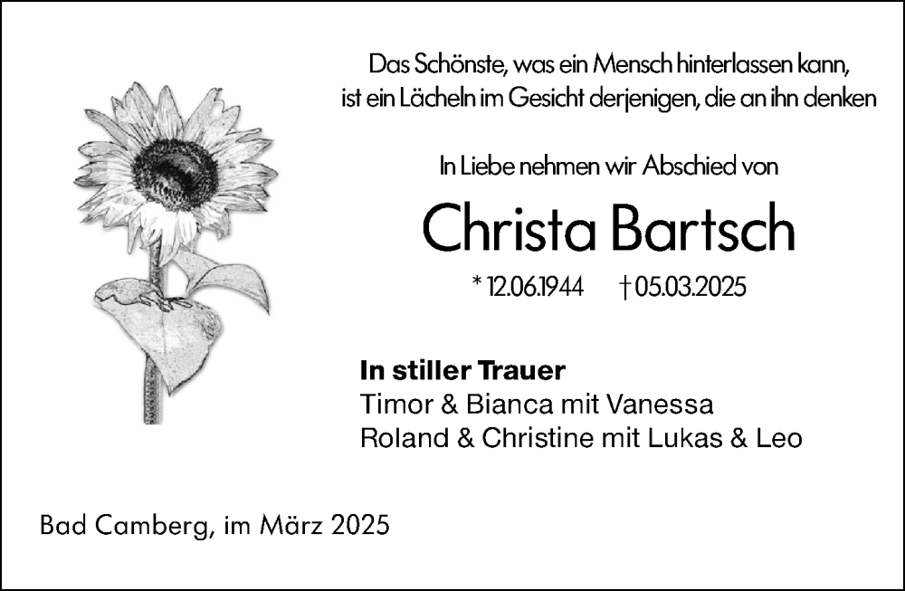  Traueranzeige für Christa Bartsch vom 03.04.2025 aus Camberger Anzeiger