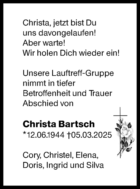 Traueranzeige von Christa Bartsch von Camberger Anzeiger