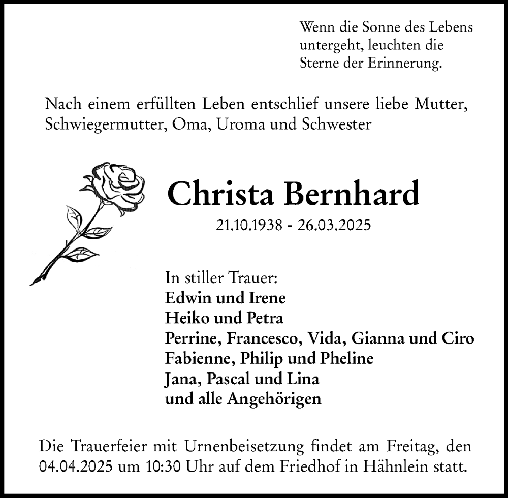  Traueranzeige für Christa Bernhard vom 02.04.2025 aus Darmstädter Echo