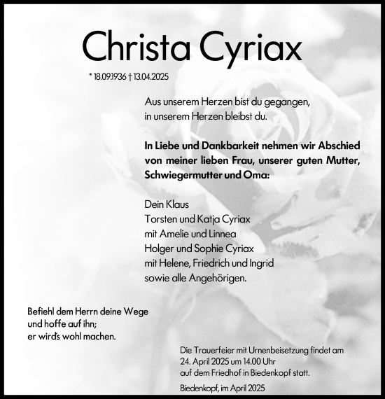 Traueranzeige von Christa Cyriax von Hinterländer Anzeiger