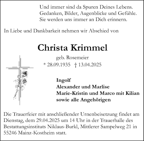 Traueranzeige von Christa Krimmel von Allgemeine Zeitung Mainz