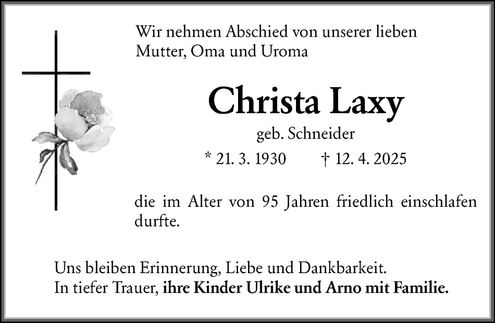  Traueranzeige für Christa Laxy vom 26.04.2025 aus Wiesbadener Kurier