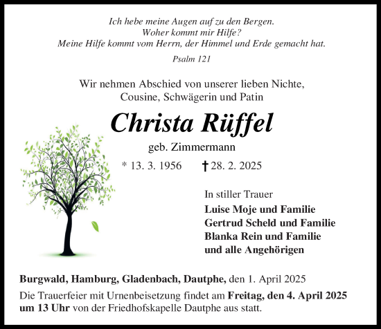 Traueranzeige von Christa Rüffel von Hinterländer Anzeiger