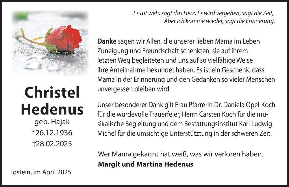  Traueranzeige für Christel Hedenus vom 12.04.2025 aus Idsteiner Land/Untertaunus