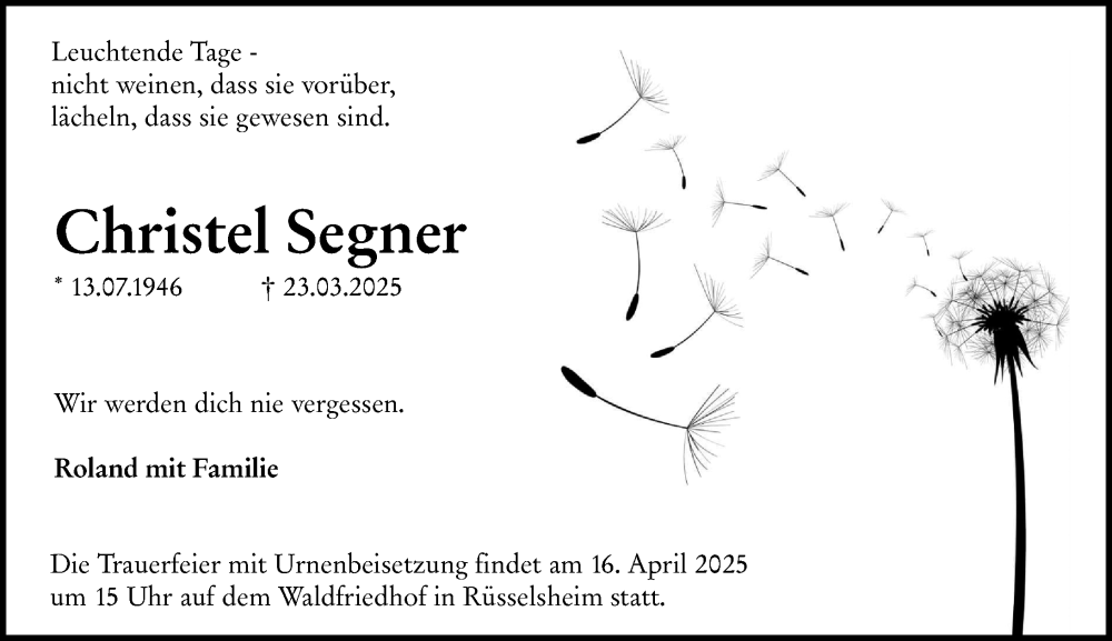  Traueranzeige für Christel Segner vom 05.04.2025 aus Rüsselsheimer Echo