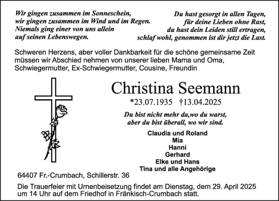 Traueranzeige von Christina Seemann von Odenwälder Echo