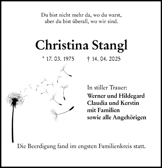 Traueranzeige von Christina Stangl von Hinterländer Anzeiger