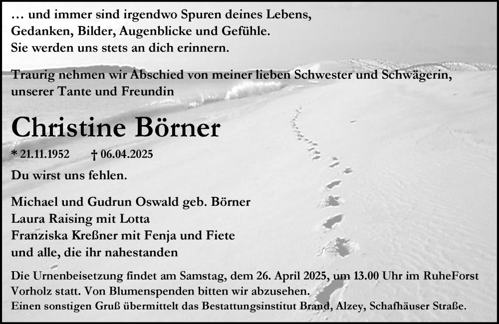  Traueranzeige für Christine Börner vom 12.04.2025 aus Allgemeine Zeitung Alzey