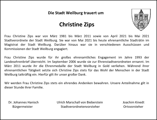 Traueranzeige von Christine Zips von Weilburger Tageblatt