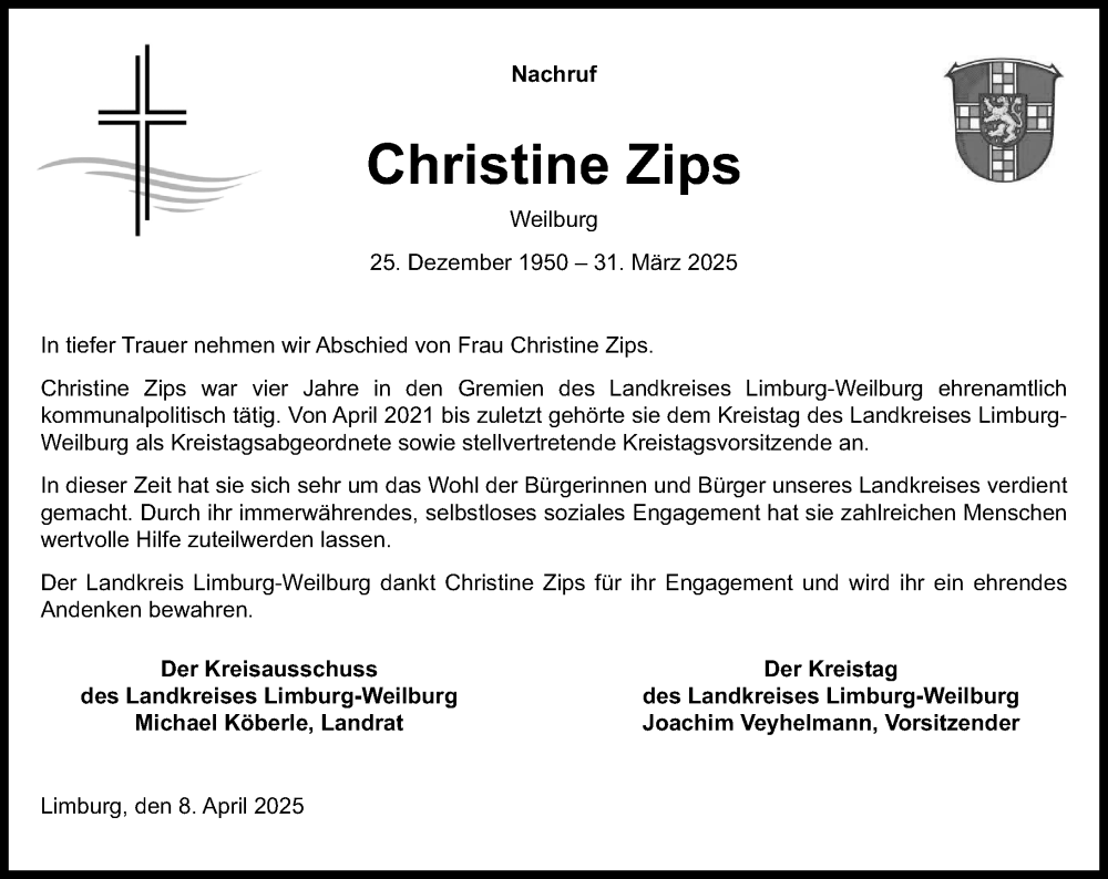 Traueranzeige für Christine Zips vom 08.04.2025 aus Weilburger Tageblatt