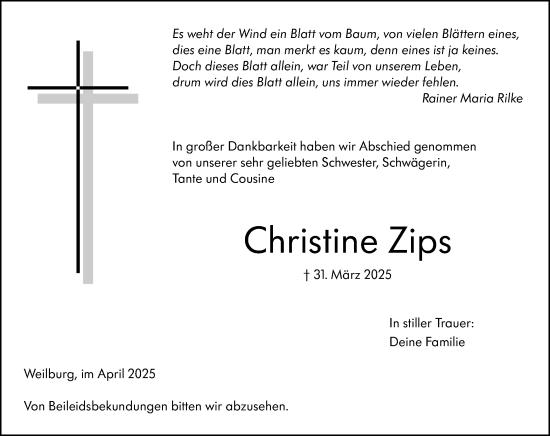 Traueranzeige von Christine Zips von Weilburger Tageblatt