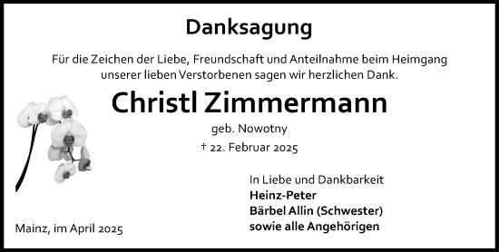 Traueranzeige von Christl Zimmermann von Allgemeine Zeitung Mainz