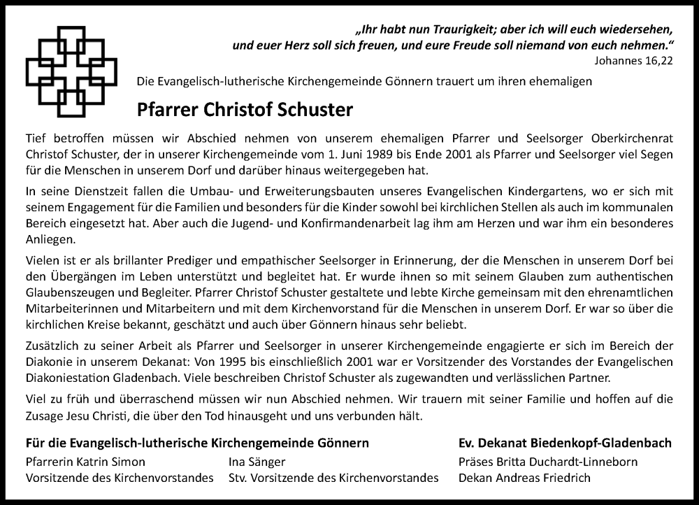  Traueranzeige für Christof Schuster vom 19.04.2025 aus Hinterländer Anzeiger