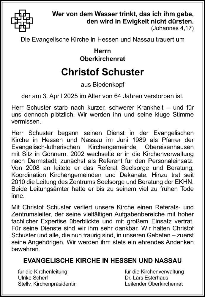  Traueranzeige für Christof Schuster vom 16.04.2025 aus Hinterländer Anzeiger