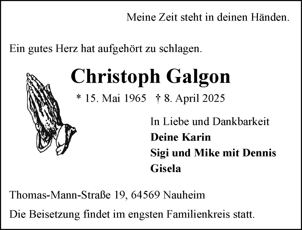  Traueranzeige für Christoph Galgon vom 12.04.2025 aus Rüsselsheimer Echo