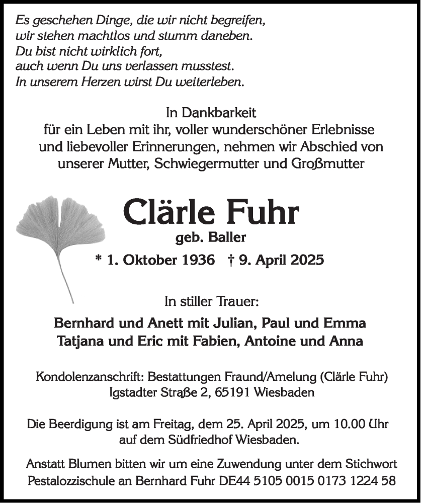  Traueranzeige für Clärle Fuhr vom 19.04.2025 aus Wiesbadener Kurier
