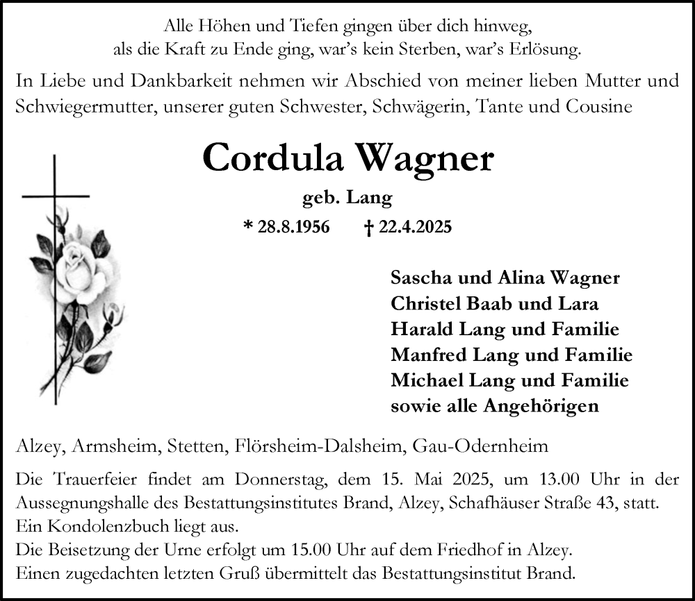  Traueranzeige für Cordula Wagner vom 26.04.2025 aus Allgemeine Zeitung Alzey