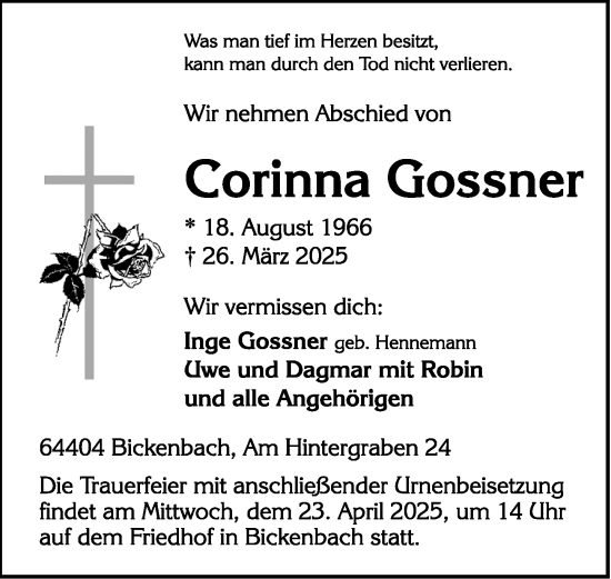 Traueranzeige von Corinna Gossner von Darmstädter Echo