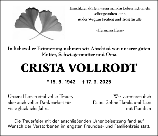 Traueranzeige von Crista Vollrodt von Allgemeine Zeitung Mainz