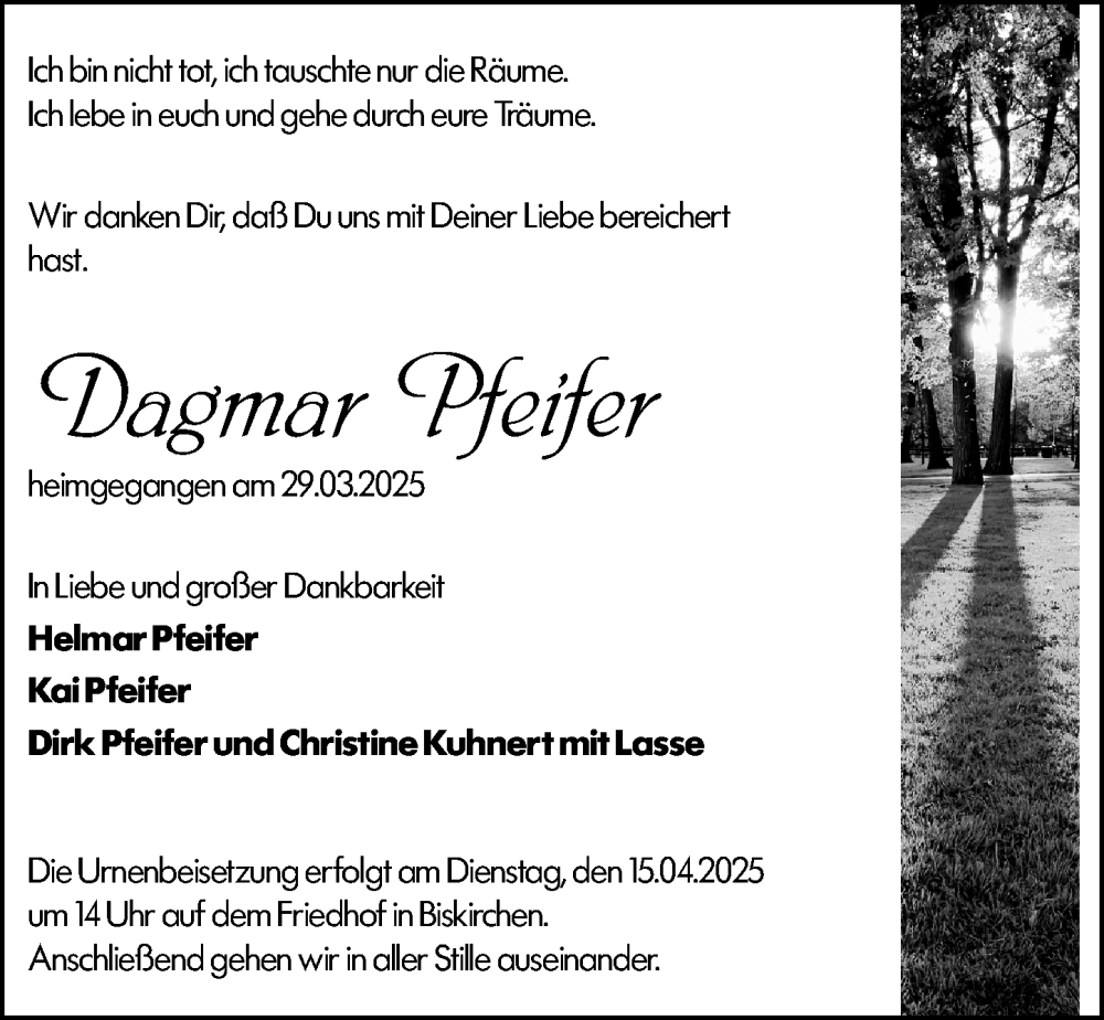  Traueranzeige für Dagmar Pfeifer vom 11.04.2025 aus Wetzlarer Neue Zeitung