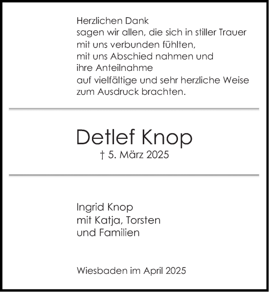 Traueranzeige von Detlef Knop von Wiesbadener Kurier