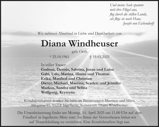 Traueranzeige von Diana Windheuser von Allgemeine Zeitung Rheinhessen-Nahe
