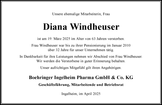Traueranzeige von Diana Windheuser von Allgemeine Zeitung Rheinhessen-Nahe