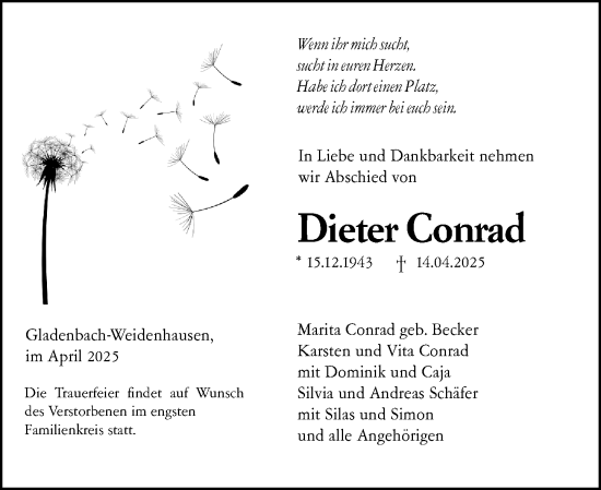 Traueranzeige von Dieter Conrad von Hinterländer Anzeiger
