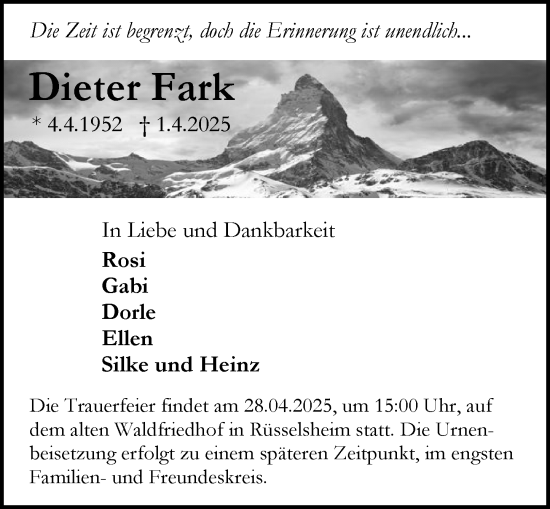 Traueranzeige von Dieter Fark von Rüsselsheimer Echo