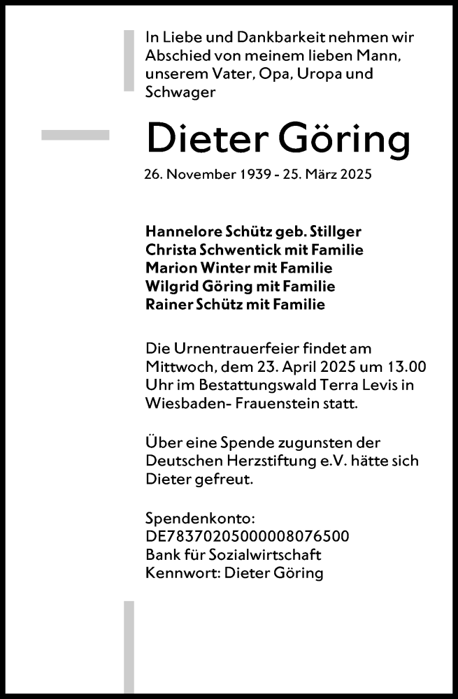  Traueranzeige für Dieter Göring vom 05.04.2025 aus Wiesbadener Kurier