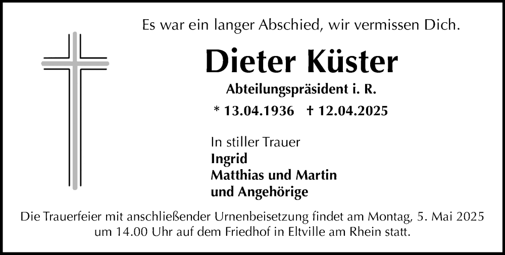  Traueranzeige für Dieter Küster vom 19.04.2025 aus Wiesbadener Kurier