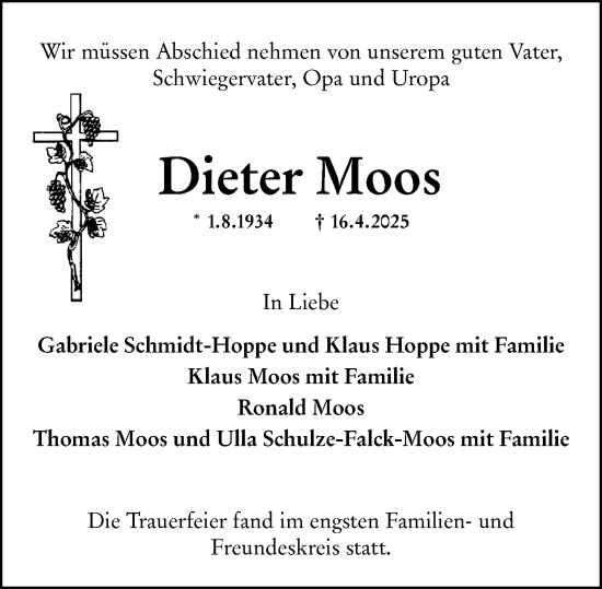 Traueranzeige von Dieter Moos von Wiesbadener Kurier