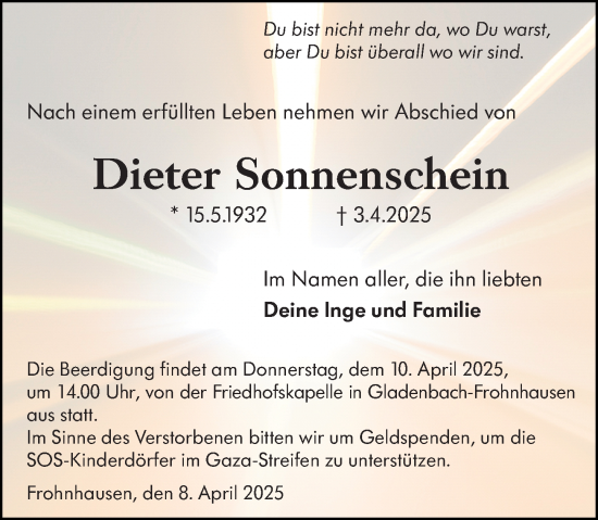 Traueranzeige von Dieter Sonnenschein von Hinterländer Anzeiger