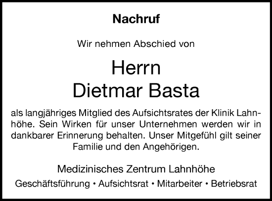 Traueranzeige von Dietmar Basta von Wiesbadener Kurier