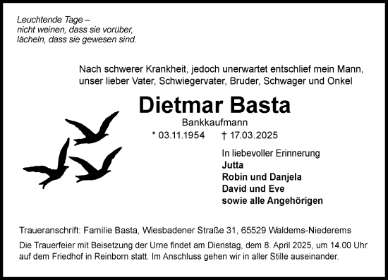 Traueranzeige von Dietmar Basta von Camberger Anzeiger