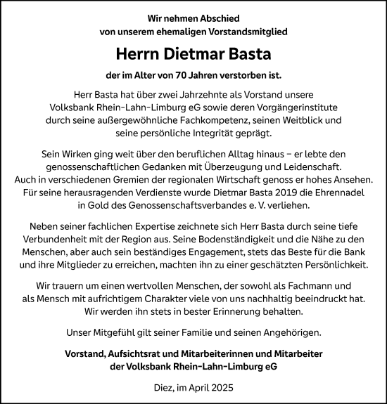 Traueranzeige von Dietmar Basta von Idsteiner Land/Untertaunus