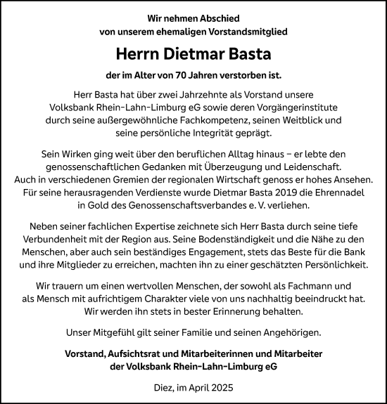 Traueranzeige von Dietmar Basta von Nassauische Neue Presse