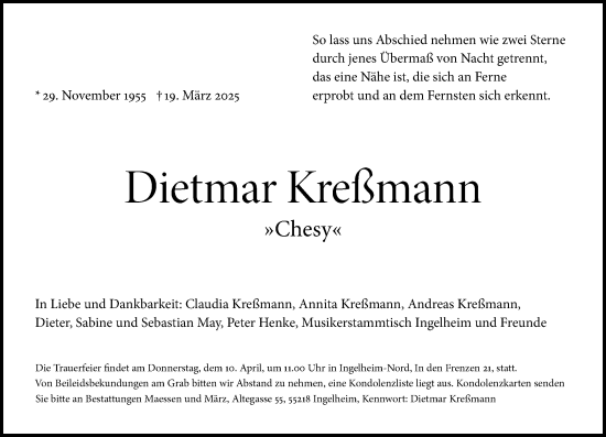 Traueranzeige von Dietmar Kreßmann von Allgemeine Zeitung Rheinhessen-Nahe