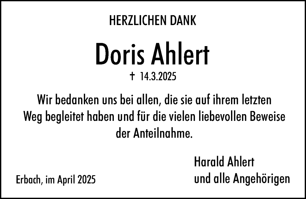  Traueranzeige für Doris Ahlert vom 30.04.2025 aus Odenwälder Echo