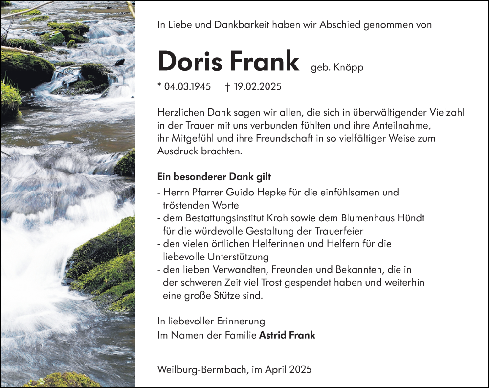  Traueranzeige für Doris Frank vom 05.04.2025 aus Weilburger Tageblatt