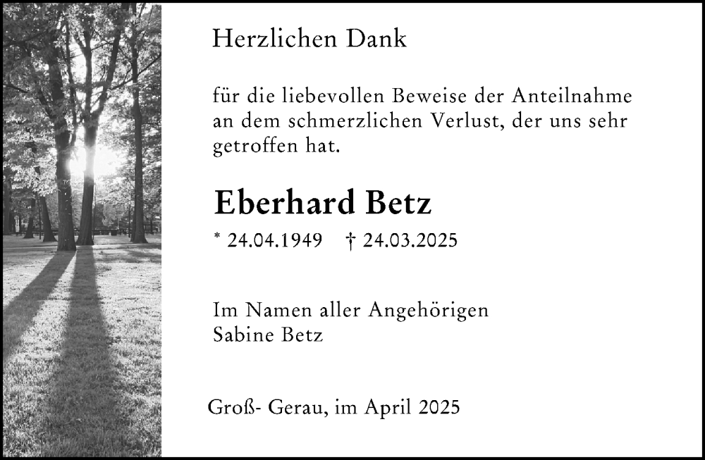  Traueranzeige für Eberhard Betz vom 12.04.2025 aus Groß-Gerauer Echo
