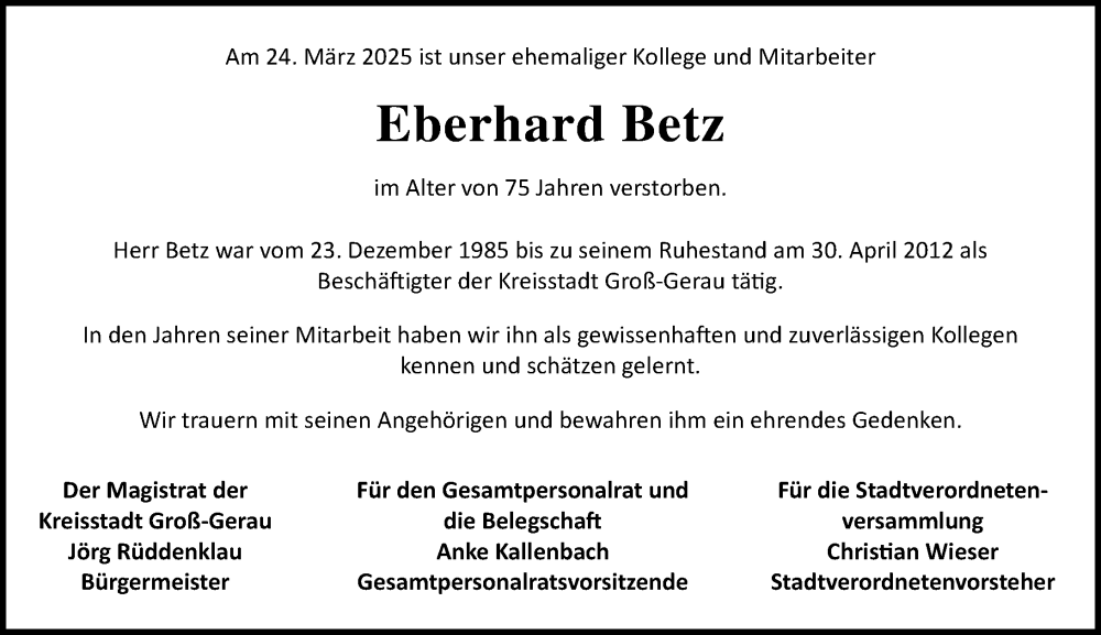  Traueranzeige für Eberhard Betz vom 05.04.2025 aus Groß-Gerauer Echo