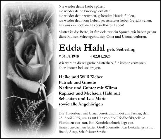 Traueranzeige von Edda Hahl von Allgemeine Zeitung Alzey